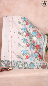 Off-White and Green Rose Patterned Jamdani Tussar Silk Saree